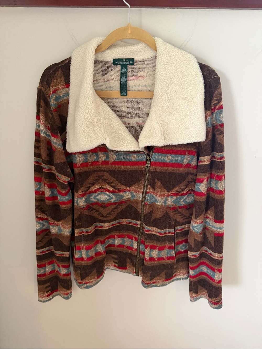 Vintage Lauren Ralph Lauren Sherpa-Trim Brown Patterned Zip Jacket XL